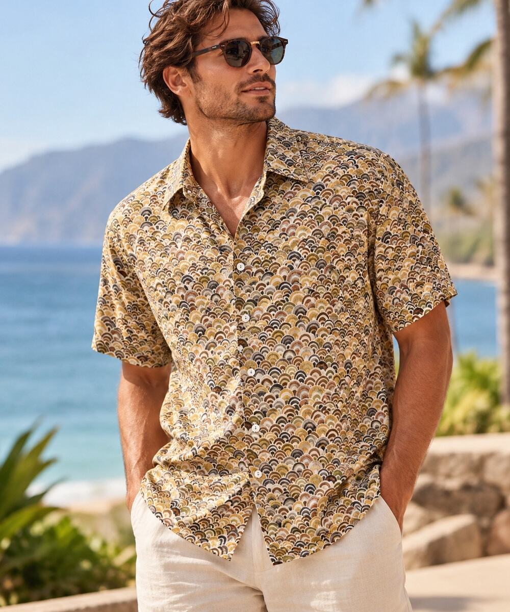Tori Richard Vintage 90s Mens M Cotton Lawn Aloha Shirt Scallop Geometric Print